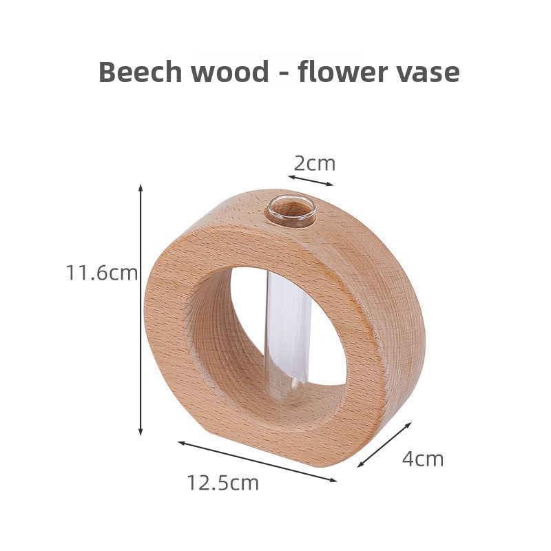 Japanese Style Solid Wood and Glass Hydroponic Flower Vase