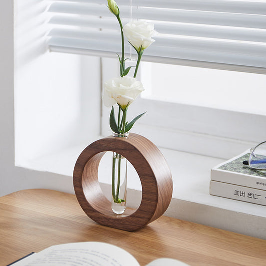 Japanese Style Solid Wood and Glass Hydroponic Flower Vase