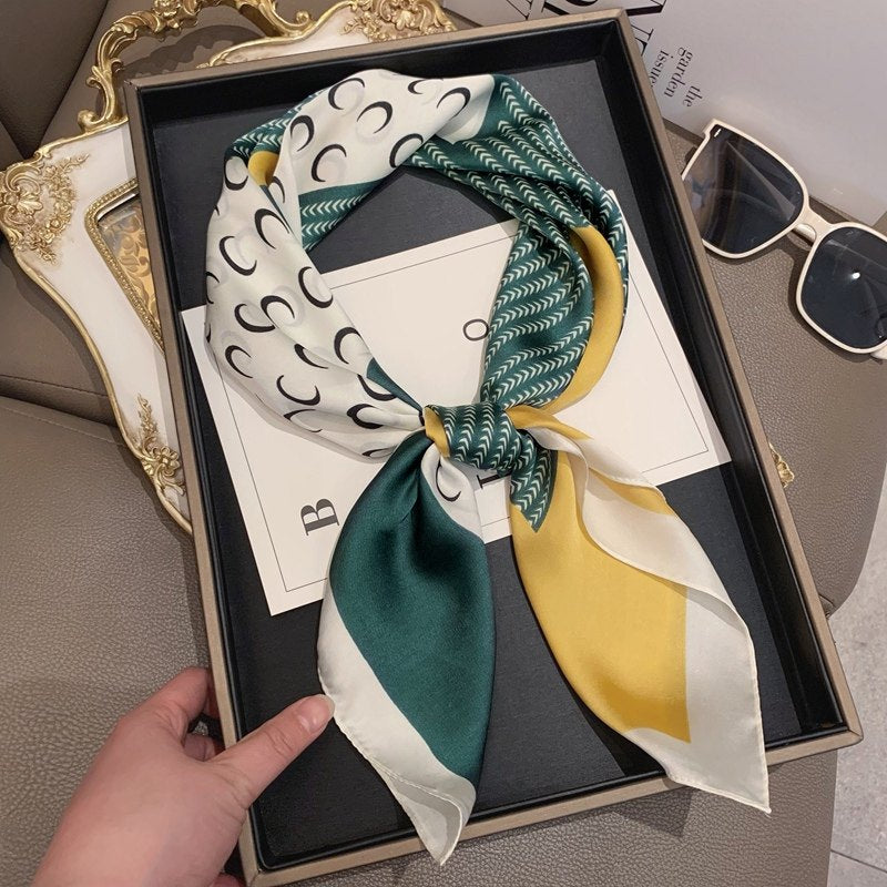 Premium Polyester Silk Feel Scarf 70cm Square, Artistic Geometric Design, Multi Style Accessory