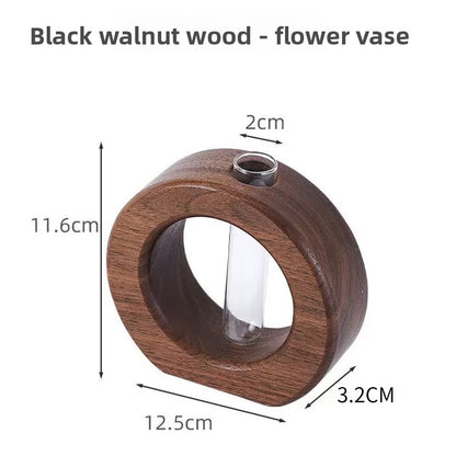 Japanese Style Solid Wood and Glass Hydroponic Flower Vase