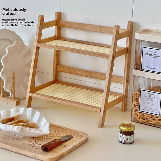 Boho Wooden Mini Countertop Shelf & Kitchen Spice Rack with Rattan Accent