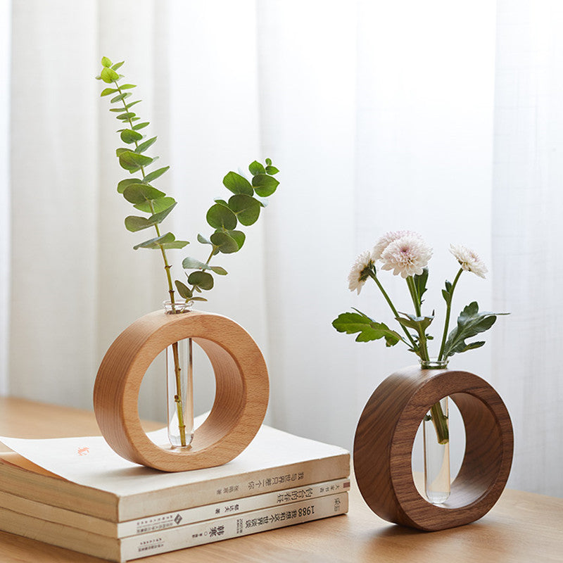 Japanese Style Solid Wood and Glass Hydroponic Flower Vase