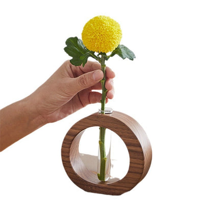 Japanese Style Solid Wood and Glass Hydroponic Flower Vase