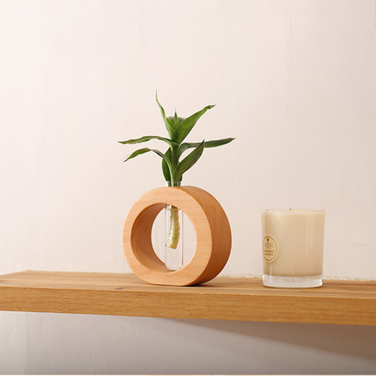 Japanese Style Solid Wood and Glass Hydroponic Flower Vase