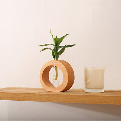 Japanese Style Solid Wood and Glass Hydroponic Flower Vase