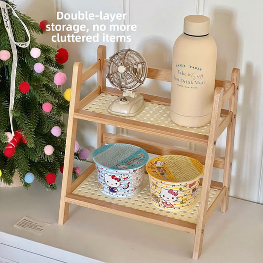 Boho Wooden Mini Countertop Shelf & Kitchen Spice Rack with Rattan Accent